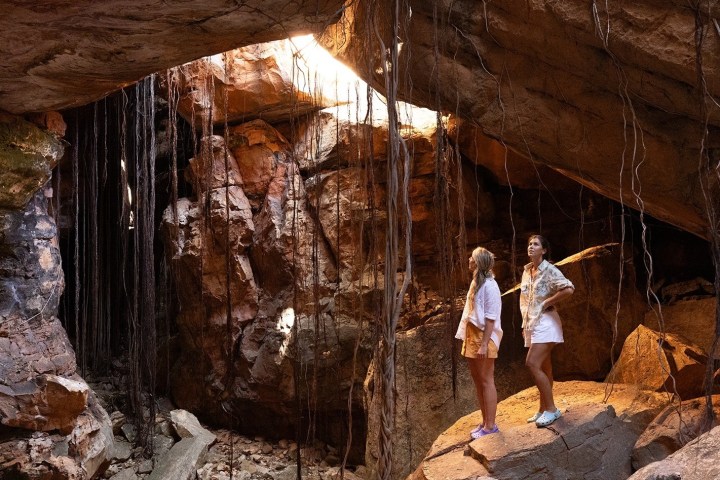Two people stand on rocks in a cave with hanging roots and natural light.