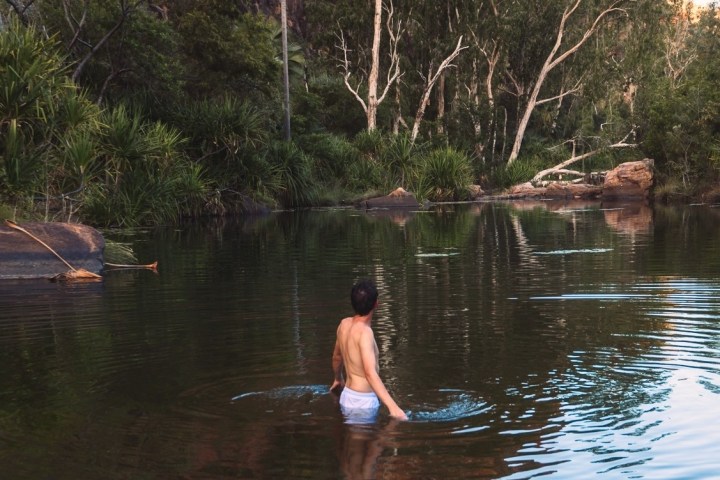 Person standing in a calm forest pond surrounded by trees.