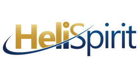 Logo with 'HeliSpirit' in gradient gold and blue font.