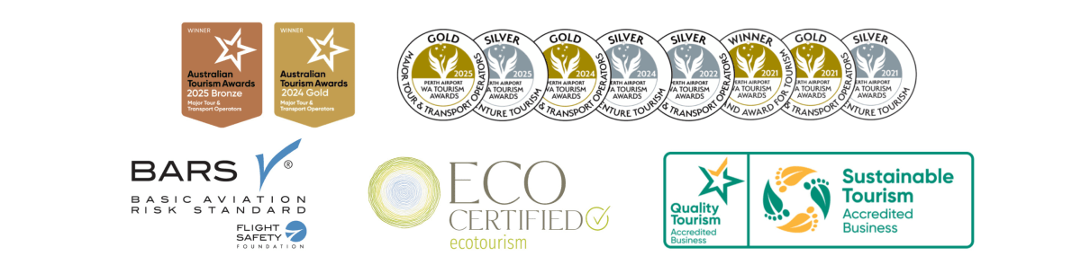 Various tourism and safety certification logos in a row.