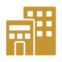 Simple icon of two gold buildings with windows.