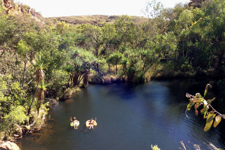 Three people on floats in a natural pond surrounded by trees.