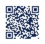 A centered blue QR code on a white background.