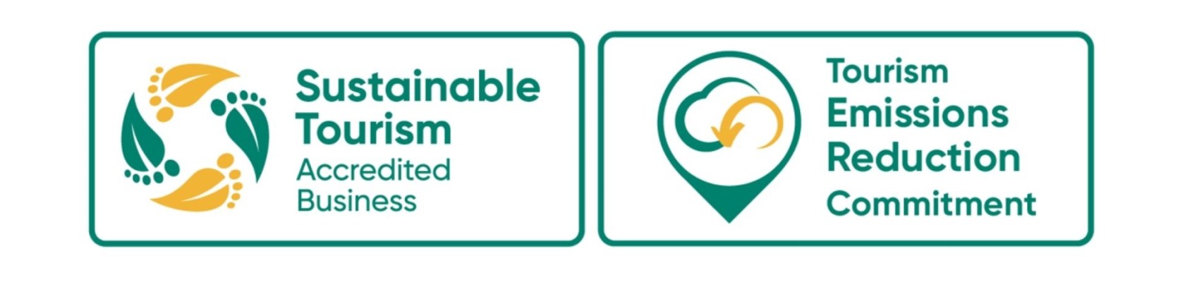 Logos for Sustainable Tourism Accredited Business and Tourism Emissions Reduction Commitment.